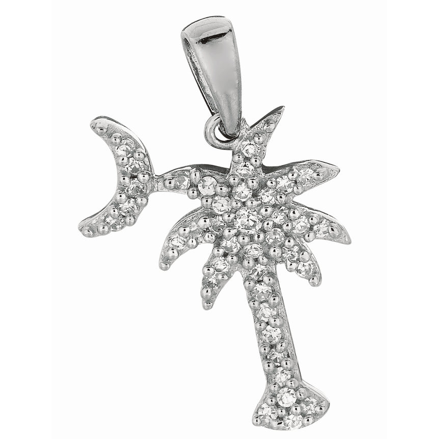 Silver CZ Palm Tree with Crescent Moon Pendant-White