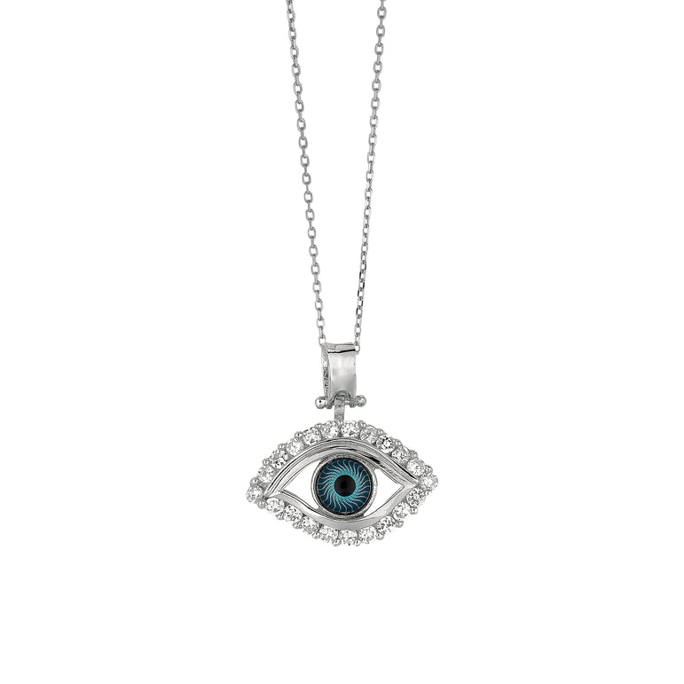 Silver Evil Eye CZ Necklace-White | Lobster
