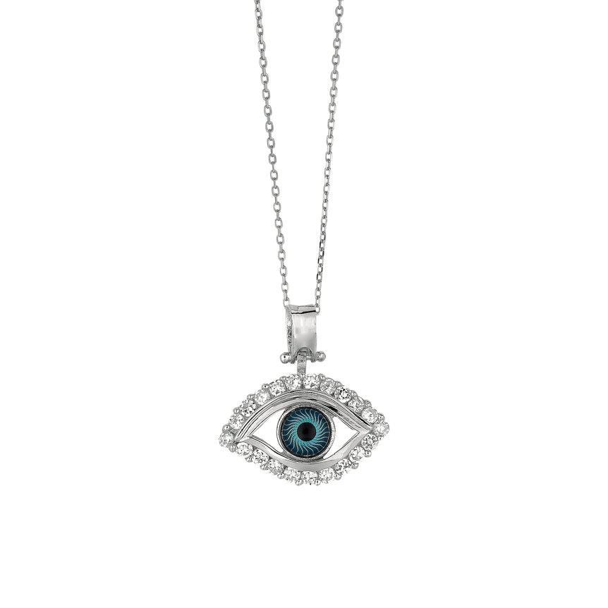 Silver Evil Eye CZ Necklace-White | Lobster