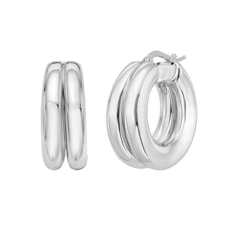 Silver Puffed Double Row Hoops-White | Hinged