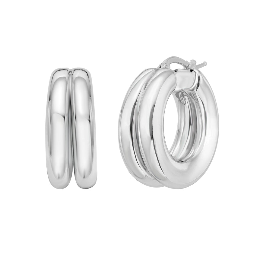 Silver Puffed Double Row Hoops-White | Hinged
