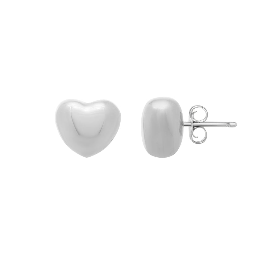 Silver Puffed Small Heart Stud Earrings-White | Push Back