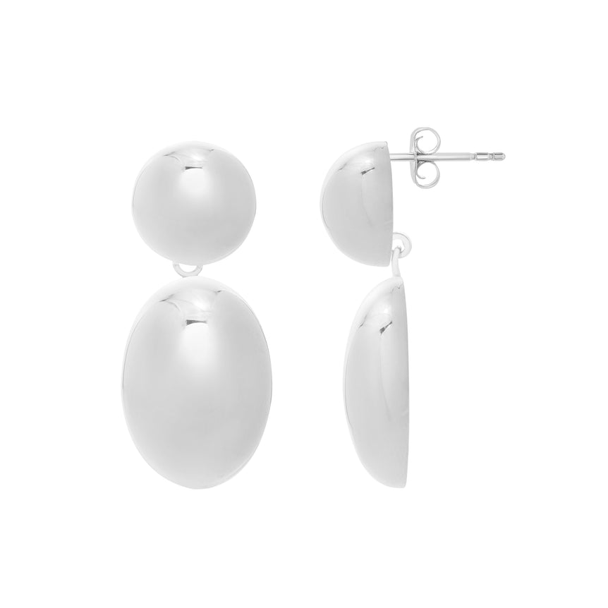 Silver Puffed Oval Button Drop Earrings-White | Push Back
