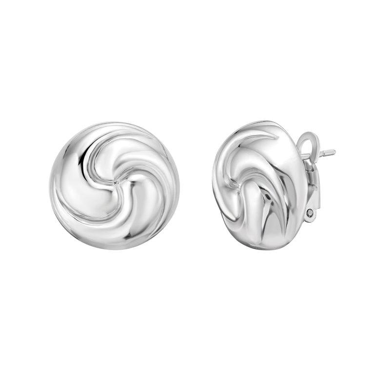 Silver Puffed Swirl Knot Earrings-White | Omega Back
