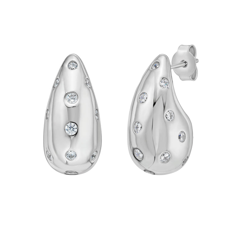 Silver Puffed Raindrop Earring with CZ-White | Push Back