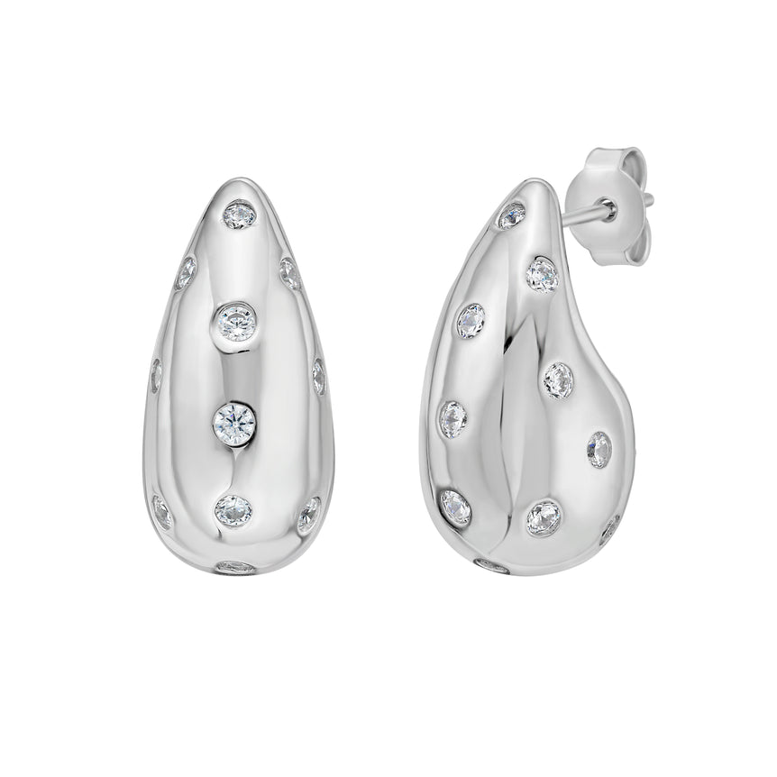 Silver Puffed Raindrop Earring with CZ-White | Push Back