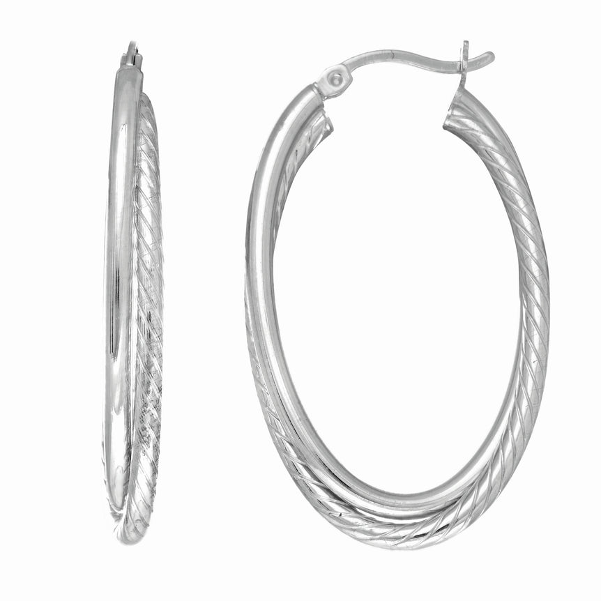 Silver Oval Double Twist Hoop Earring-White | Hinged