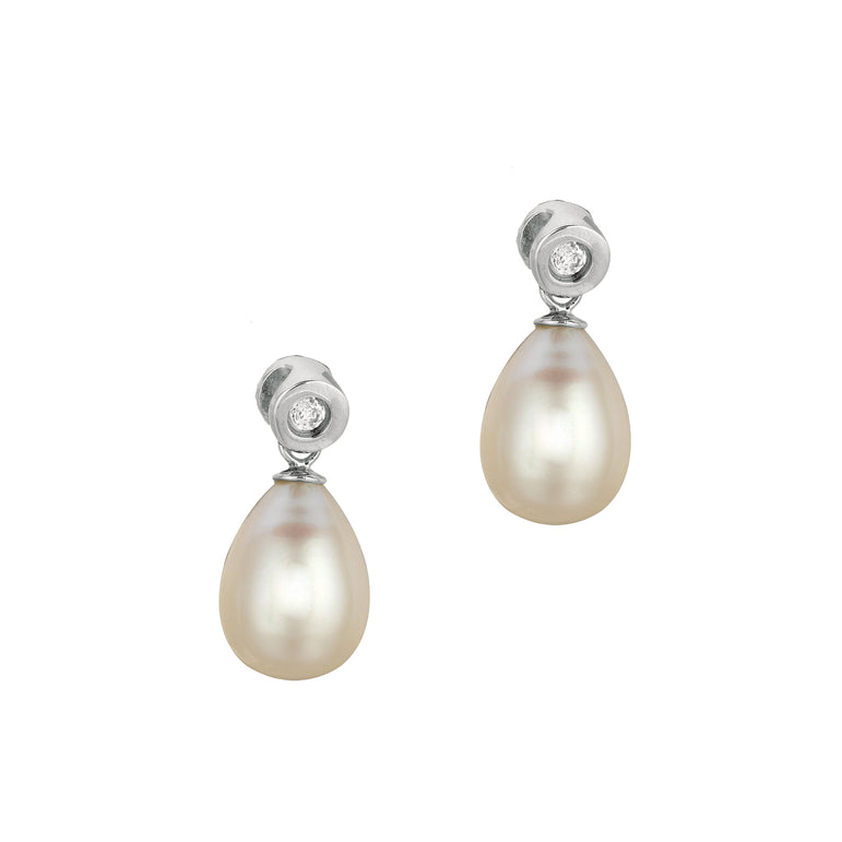 Silver Freshwater Pearl and Bezel Set CZ Drop Earrings-White | Push Back
