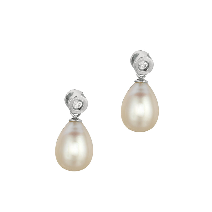 Silver Freshwater Pearl and Bezel Set CZ Drop Earrings-White | Push Back