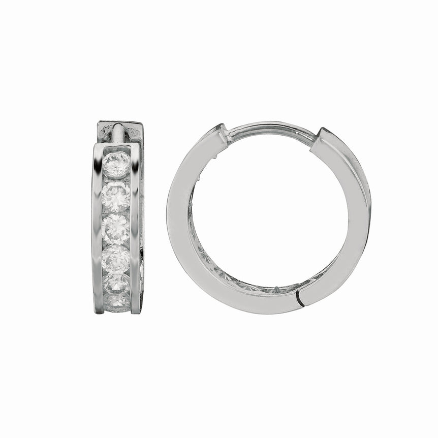 Silver Channel Set 3x15mm CZ Hoop Earrings-White | Snap