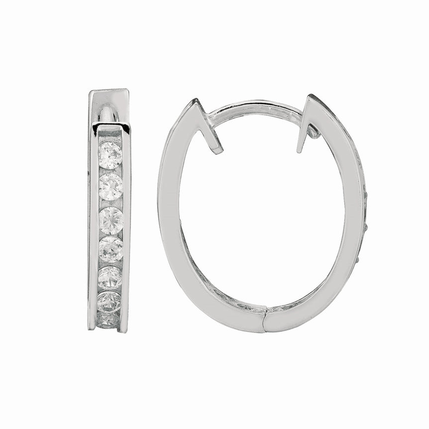 Silver Oval CZ Hoop Earrings-White | Snap