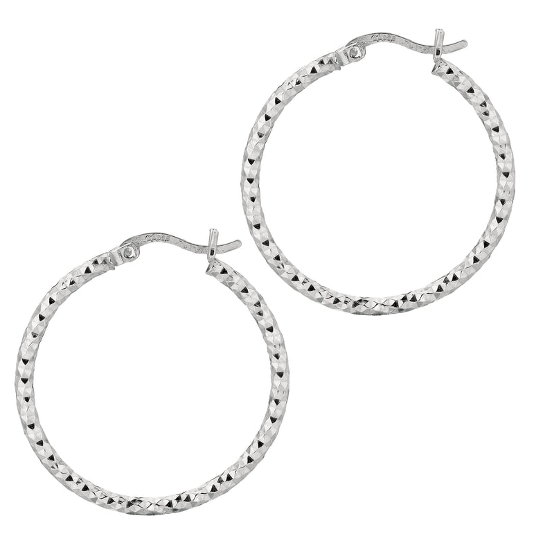 Silver 2x25MM Diamond Cut Earring-White | Hinged