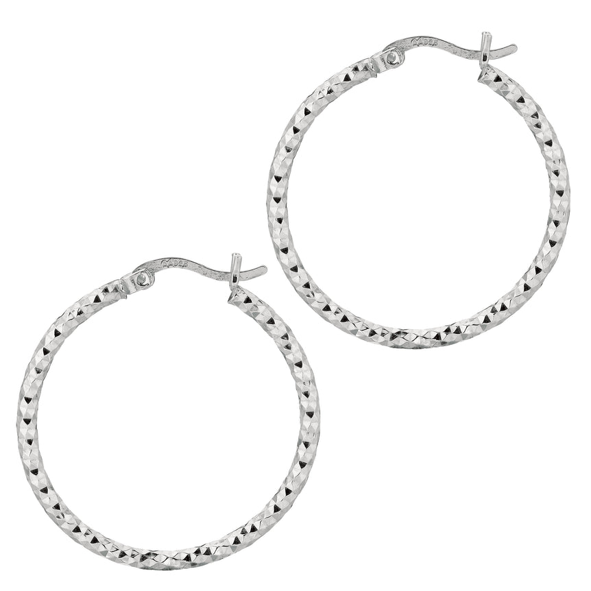 Silver 2x25MM Diamond Cut Earring-White | Hinged