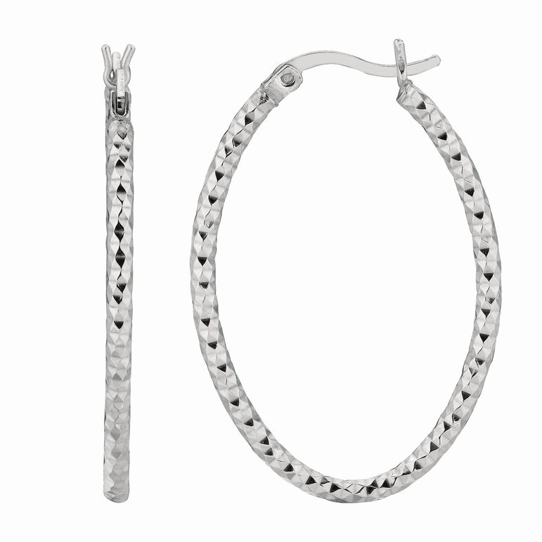 Silver 2x25MM Diamond Cut Oval Earring-White | Hinged