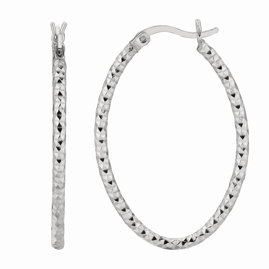 Silver 2x25MM Diamond Cut Oval Earring-White | Hinged