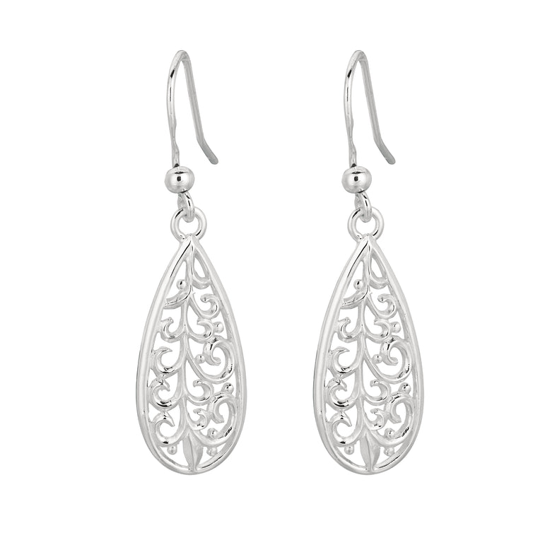 Silver Filigree Pear Drop Earring-White | Euro Wire