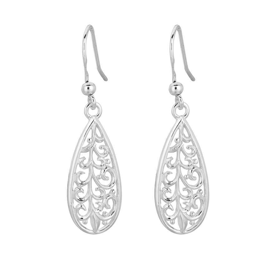Silver Filigree Pear Drop Earring-White | Euro Wire