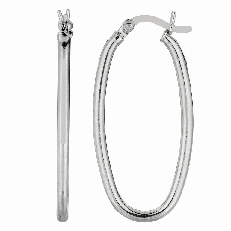 Silver Long Oval Earring-White | Hinged