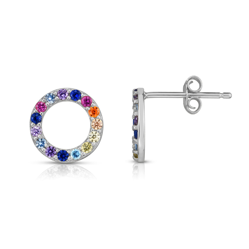 Silver Rainbow CZ Round Stud Earrings-White | Push Back