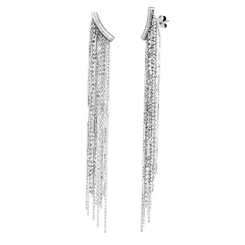 Silver Shoulder Duster Fringe Earrings-White | Push Back