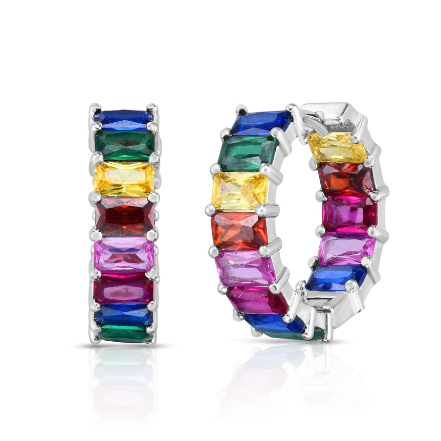 Silver Rainbow CZ Baguette Hoop Earrings-White | Snap