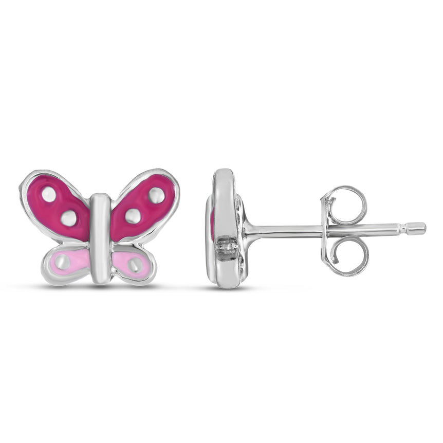 Silver Enamel Butterfly Studs-White | Push Back