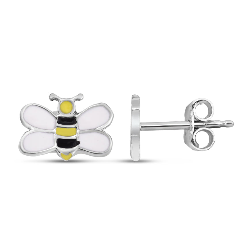 Silver Enamel Bumble Bee Studs-White | Push Back