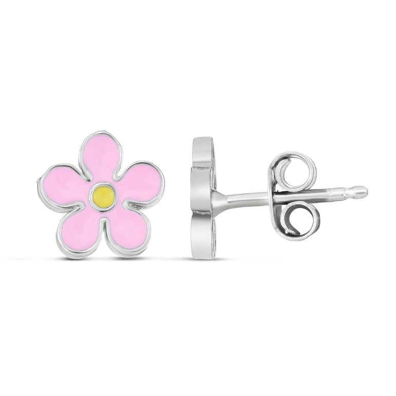 Silver Enamel Pink Flower Studs-White | Push Back