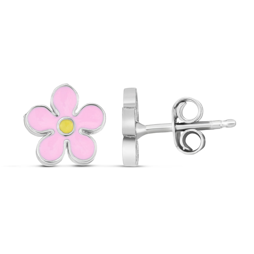 Silver Enamel Pink Flower Studs-White | Push Back