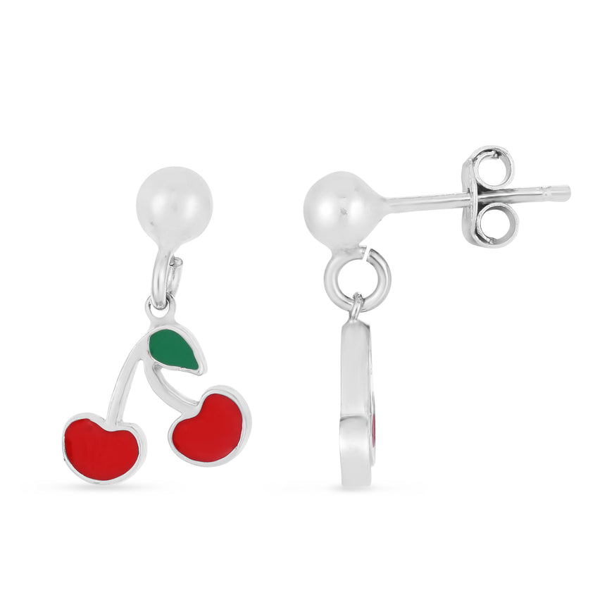 Silver Enamel Cherry Drop Earrings-White | Push Back
