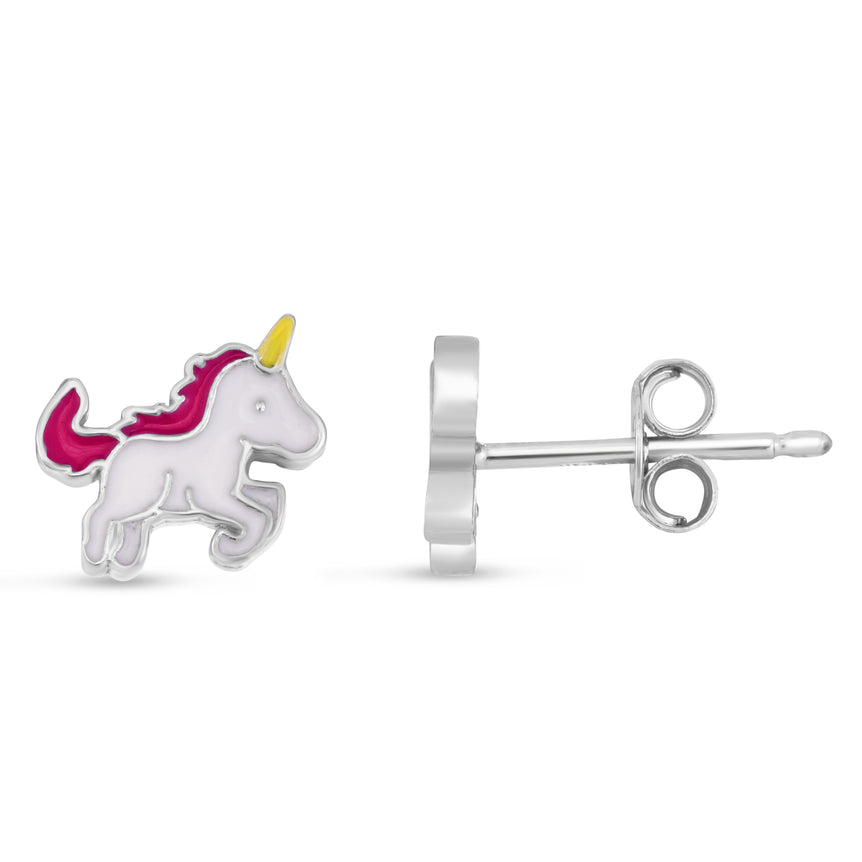 Silver Enamel Unicorn Studs-White | Push Back