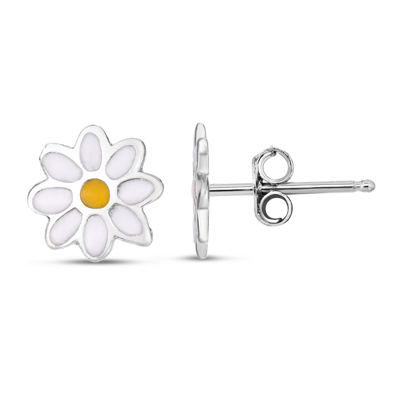 Silver Enamel Daisy Studs-White | Push Back