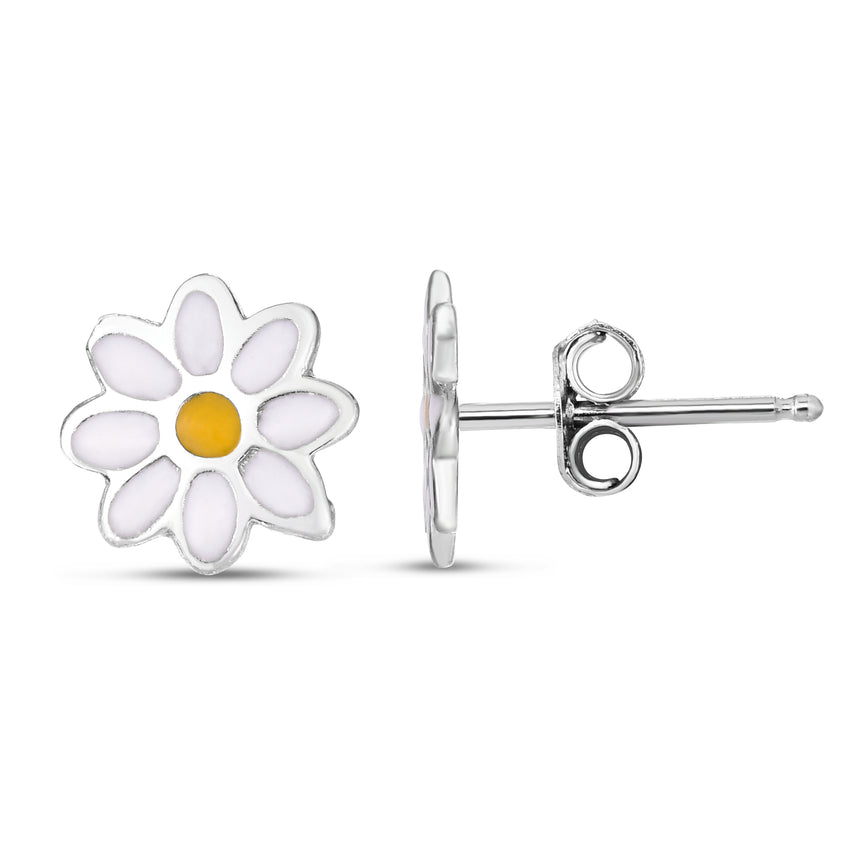 Silver Enamel Daisy Studs-White | Push Back