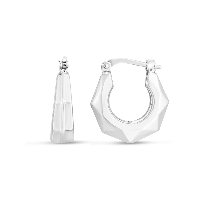 Silver Puffed Hexagon Hoops-White | Hinged