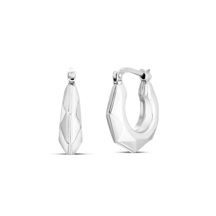 Silver Puffed Pyramid Hoops-White | Hinged