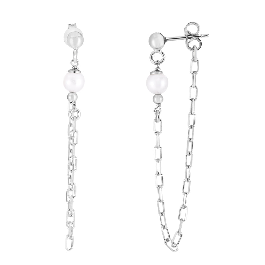 Silver Pearl Chain Front-to-Back Earrings-White | Push Back