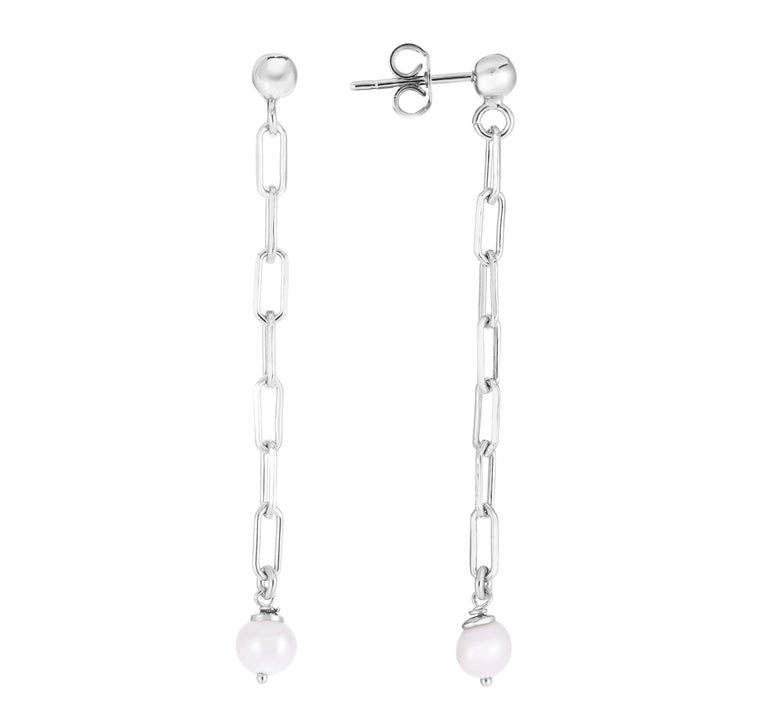Silver Pearl Chain Straight Drop Earrings-White | Push Back