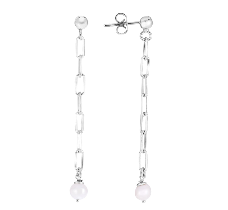 Silver Pearl Chain Straight Drop Earrings-White | Push Back