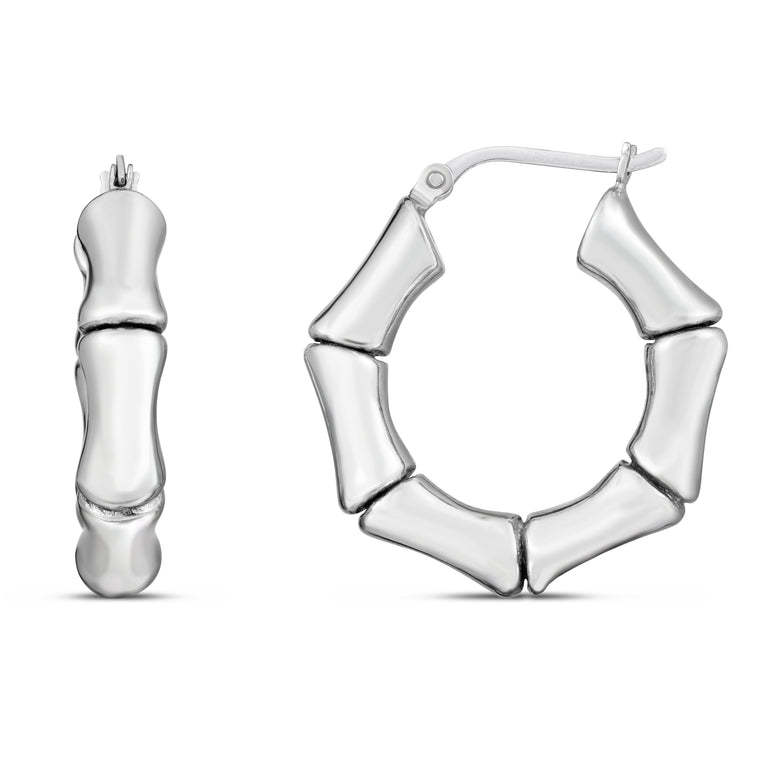 Silver Bold Bamboo Hoops-White | Hinged
