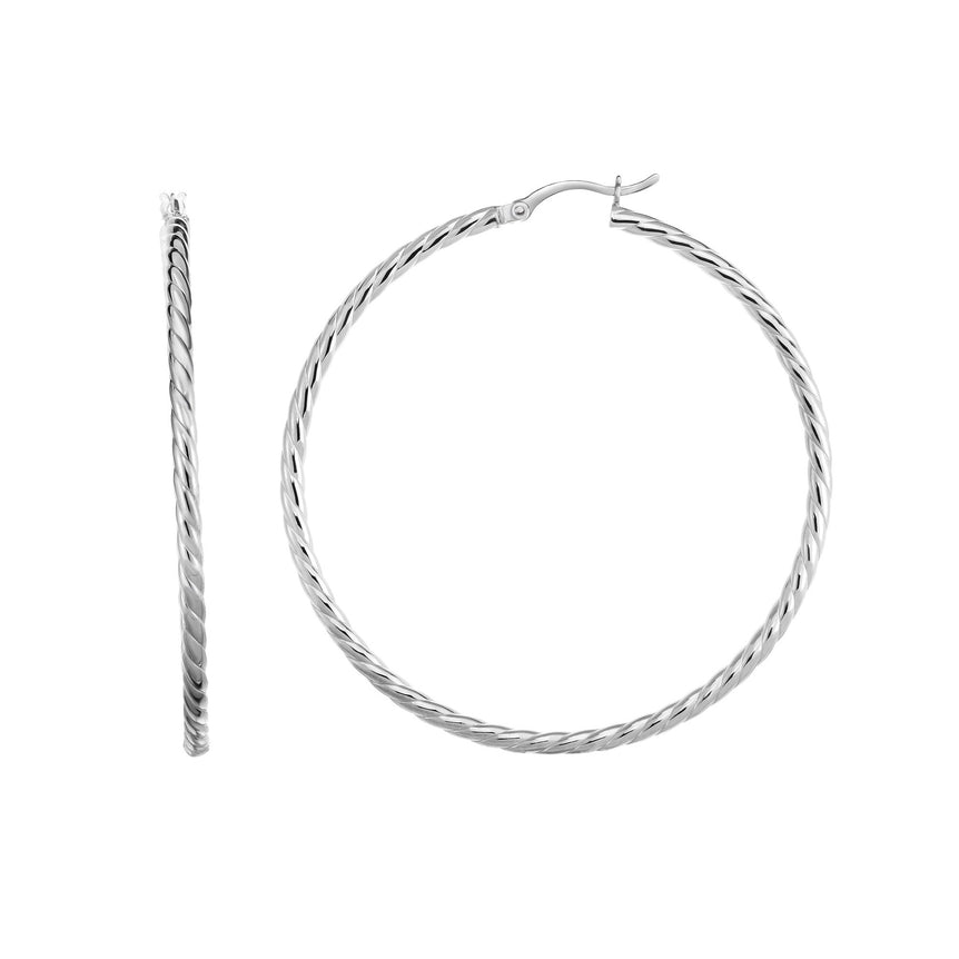 Silver 50mm Twist Hoop Earring-White