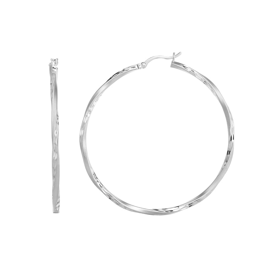 Silver 50mm Diamond Cut and Twist Hoop Earring-White