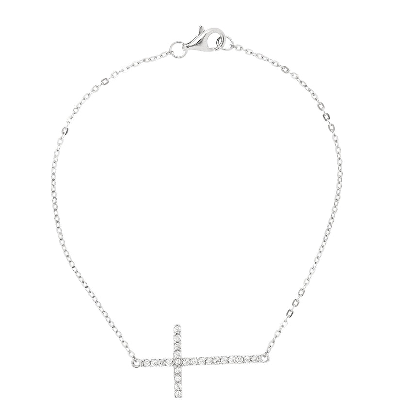 Silver CZ Side Cross Necklace-White | Lobster