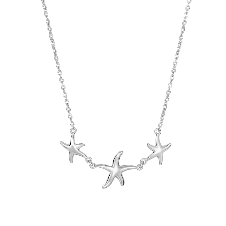 Silver Graduated Starfish Necklace-White | Lobster