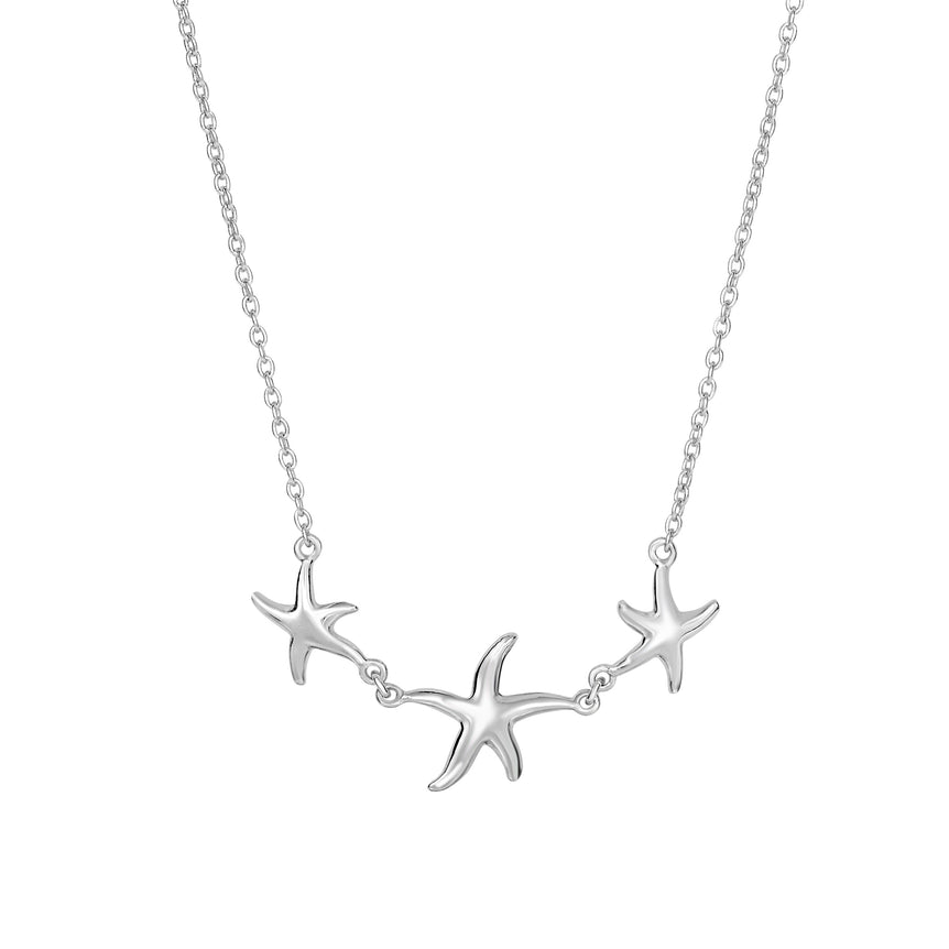 Silver Graduated Starfish Necklace-White | Lobster