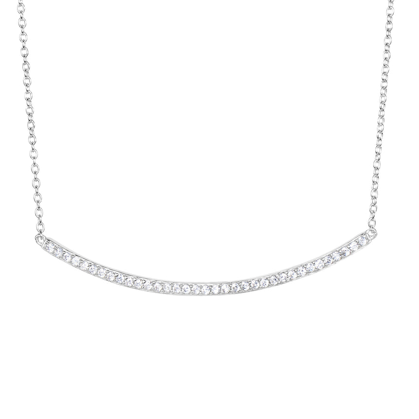 Silver CZ Curved Bar Necklace-White | Lobster