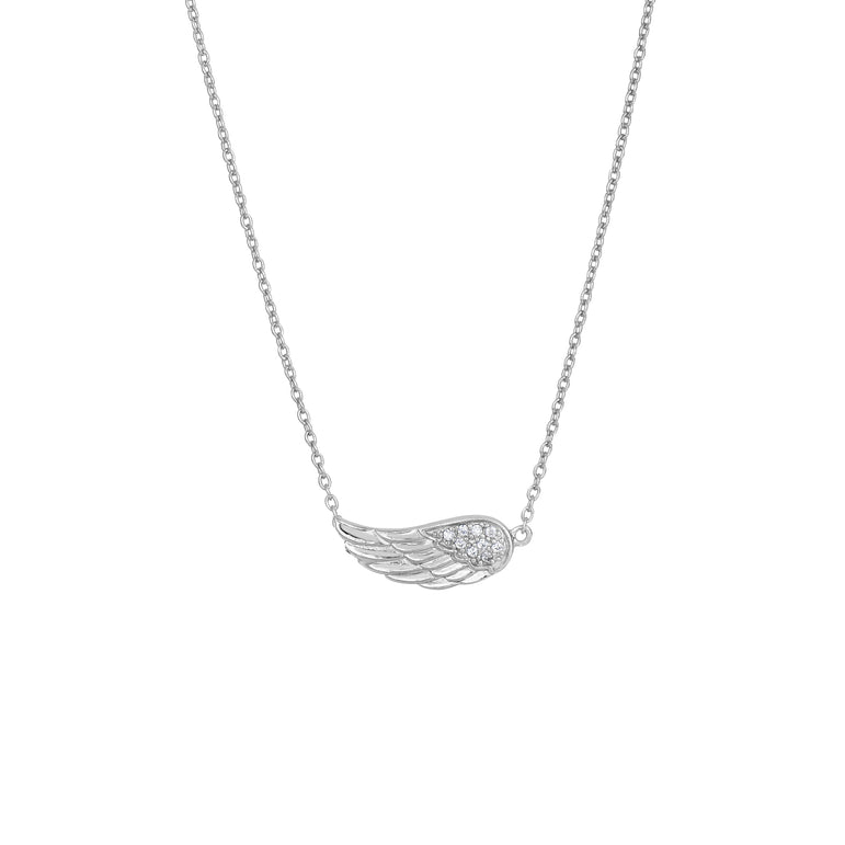 Silver CZ Sideways Angel Wing Necklace-White | Lobster