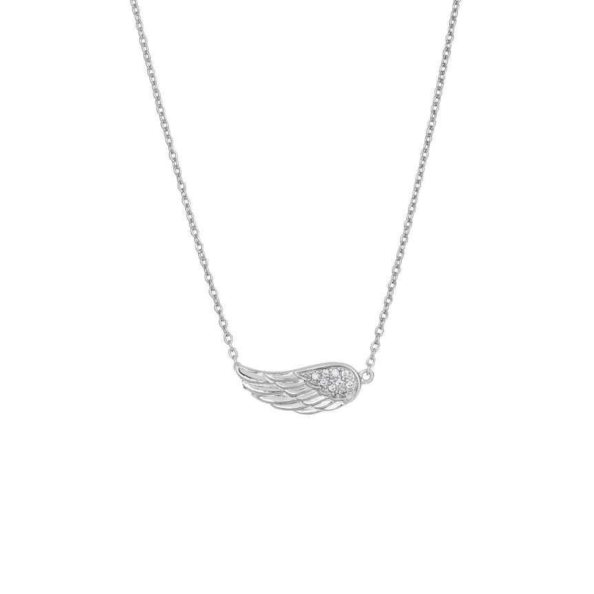 Silver CZ Sideways Angel Wing Necklace-White | Lobster