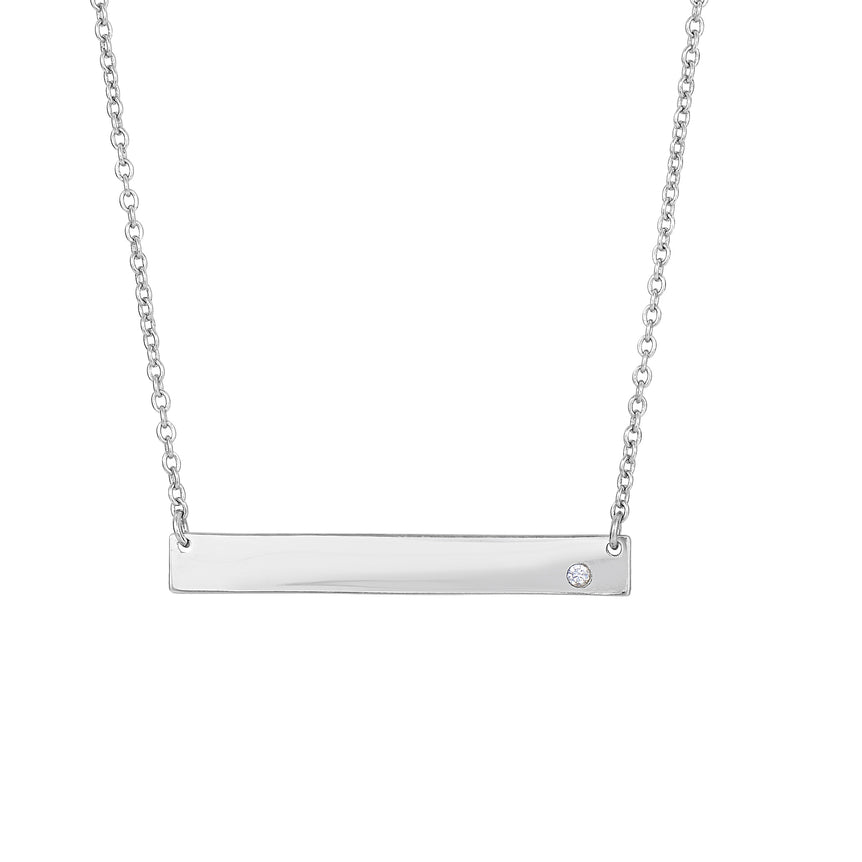 Silver ID Bar with CZ Accent Necklace-White | Lobster