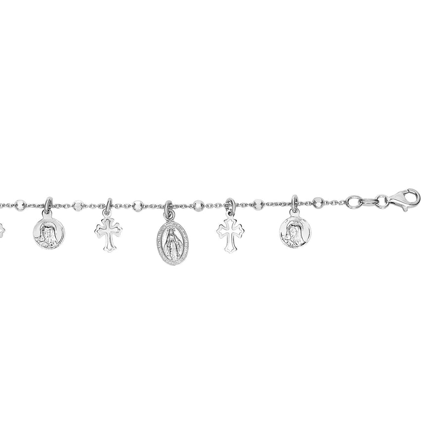 Silver 7.25" Cross Medal Dangle Charm Bracelet-White | Lobster