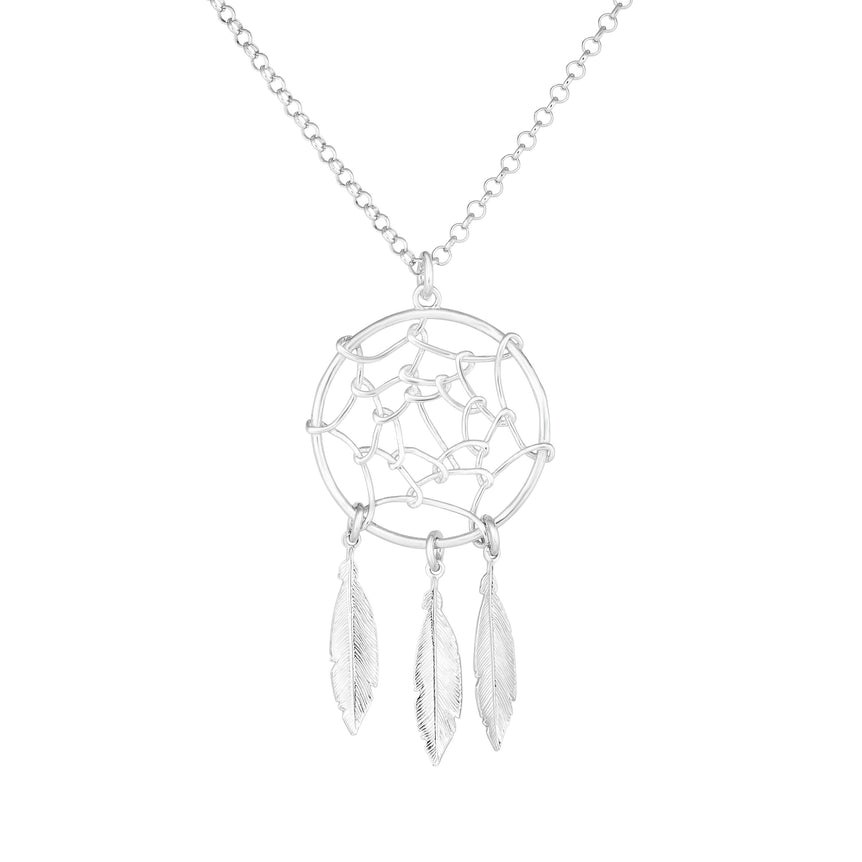 Silver Dream Catcher Necklace-White | Lobster